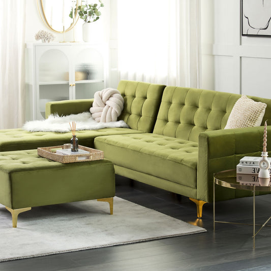 Green Tufted Ottoman Square With Gold Legs