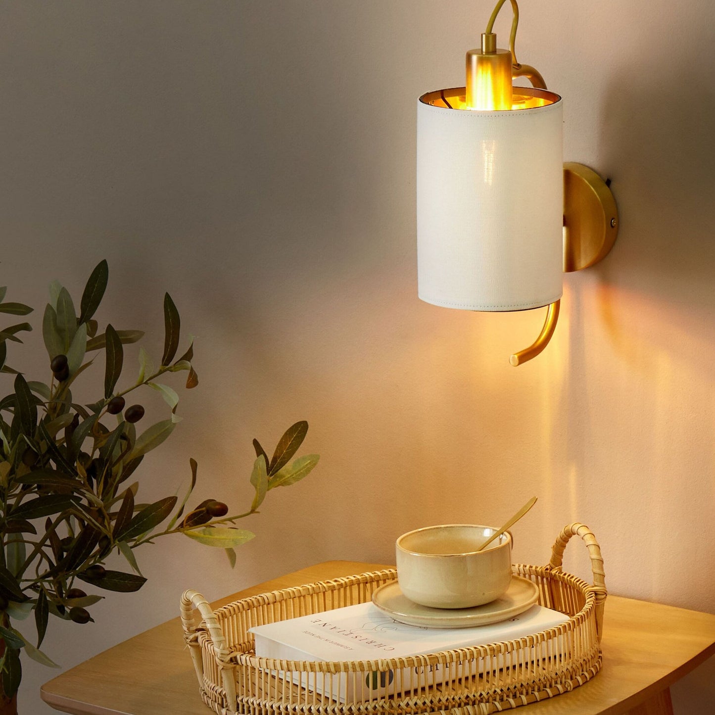 Wall Lamp White Linen Shade 30cm Copper Base