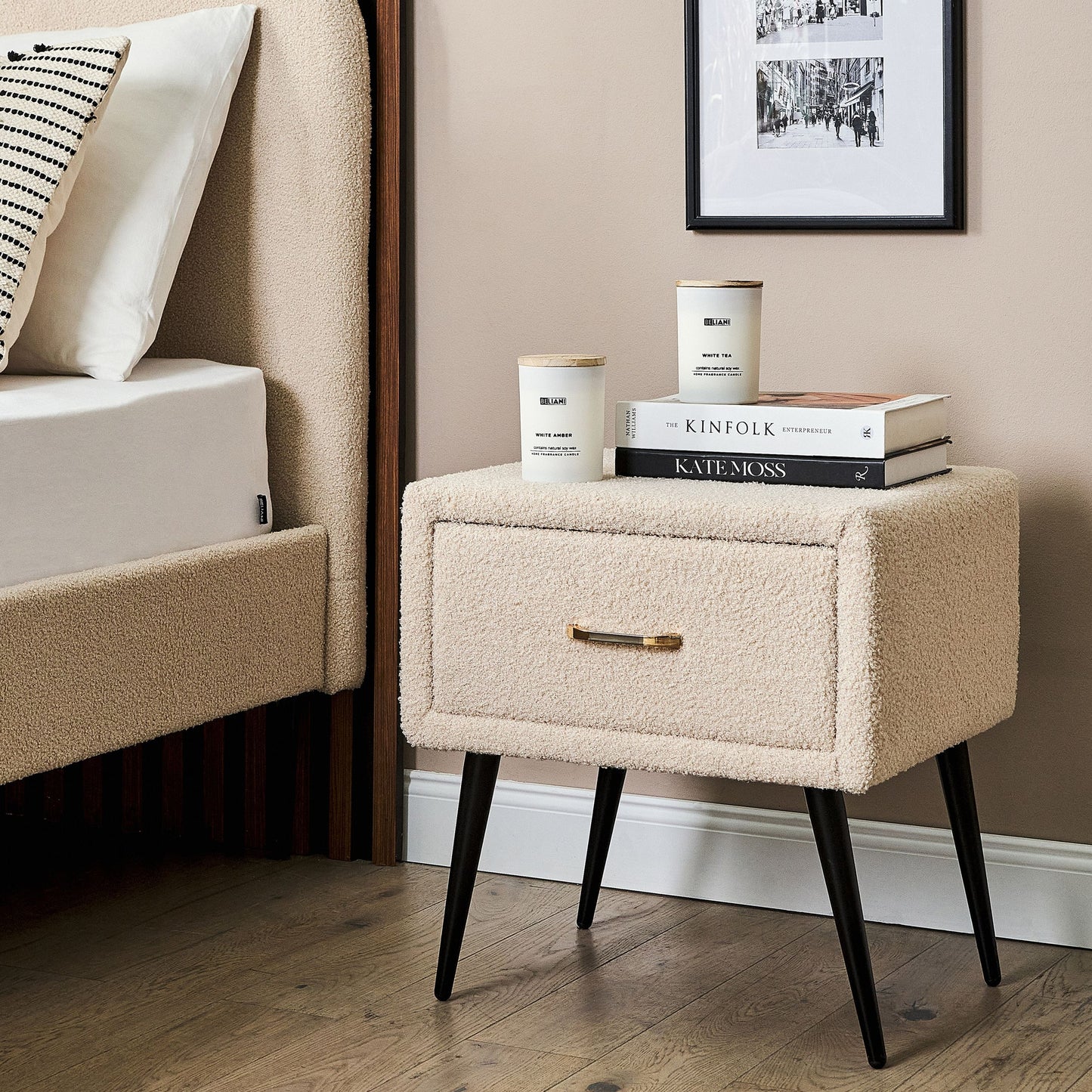 Bedside Table Beige Boucle Upholstery Nightstand With Drawer