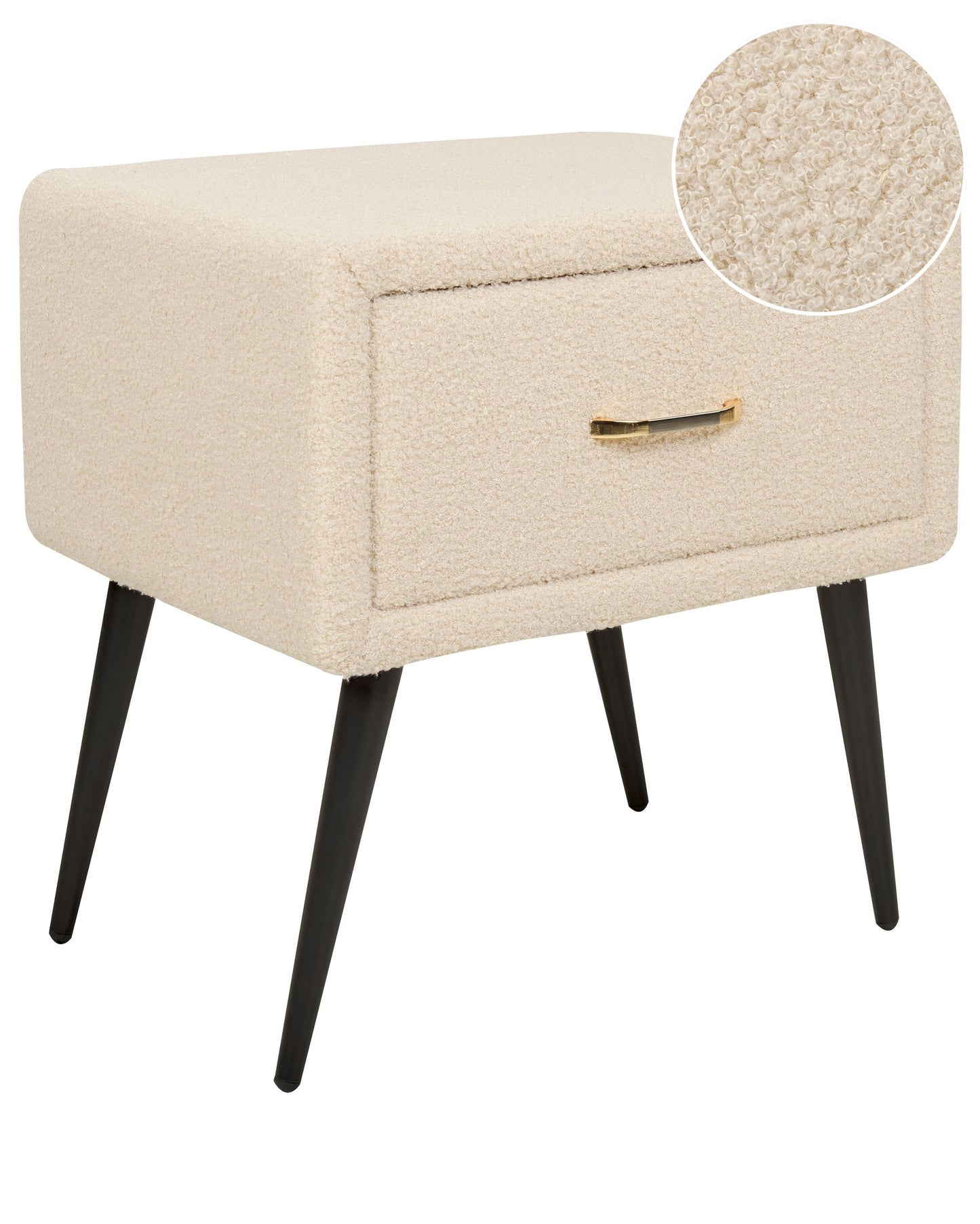 Bedside Table Beige Boucle Upholstery Nightstand With Drawer