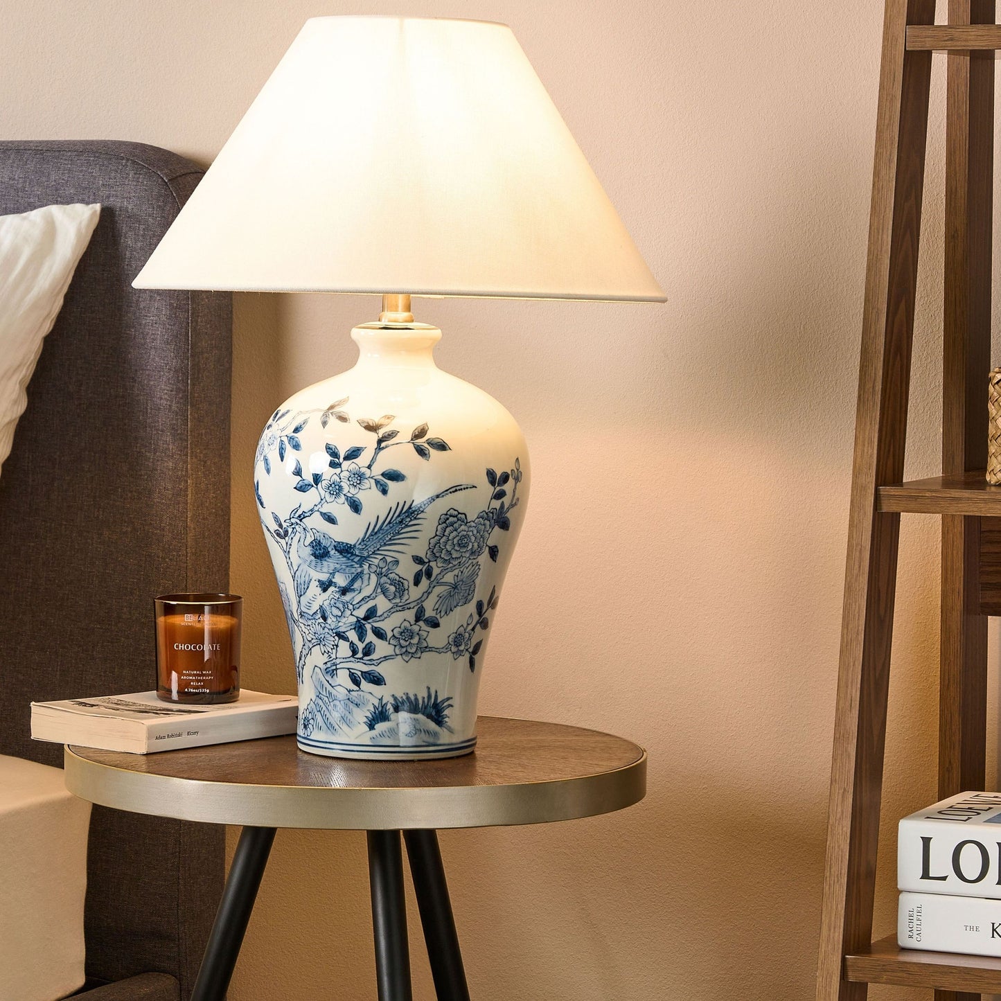 Bedside Table Lamp With White And Blue Porcelain Base And Linen Drum Shade 55cm Modern