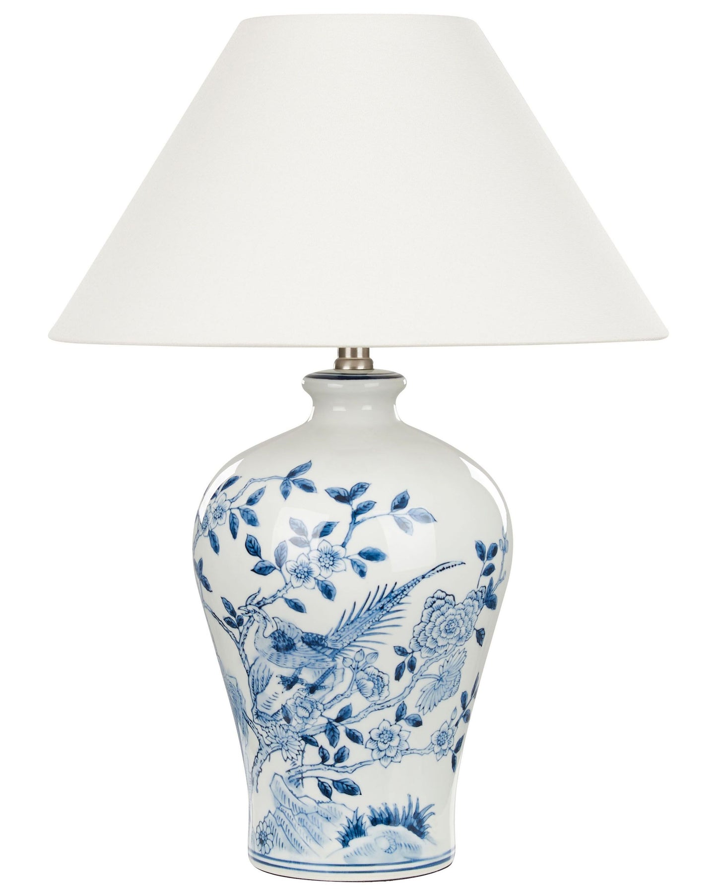 Bedside Table Lamp With White And Blue Porcelain Base And Linen Drum Shade 55cm Modern