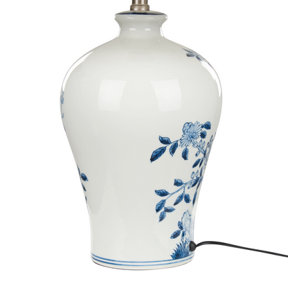 Bedside Table Lamp With White And Blue Porcelain Base And Linen Drum Shade 55cm Modern