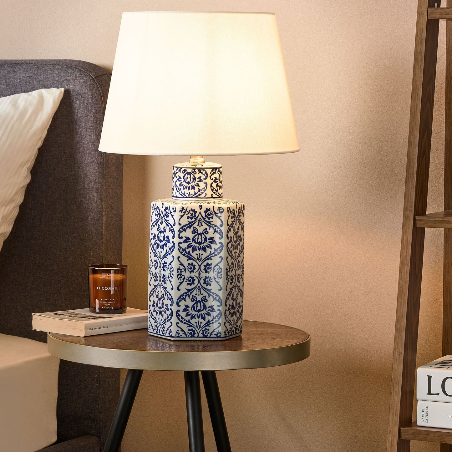 Bedside Table Lamp White Blue Porcelain Base Linen Drum Shade 53cm Modern