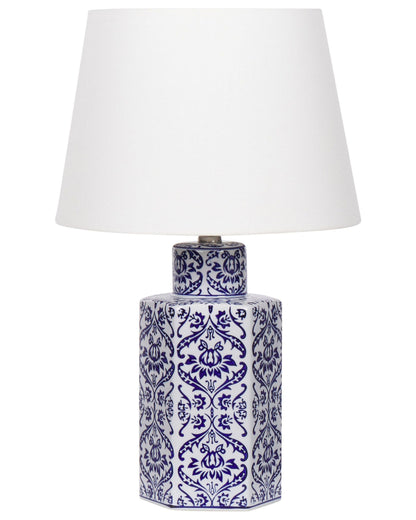Bedside Table Lamp White Blue Porcelain Base Linen Drum Shade 53cm Modern