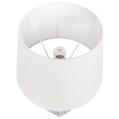 Bedside Table Lamp White Blue Porcelain Base Linen Drum Shade 53cm Modern