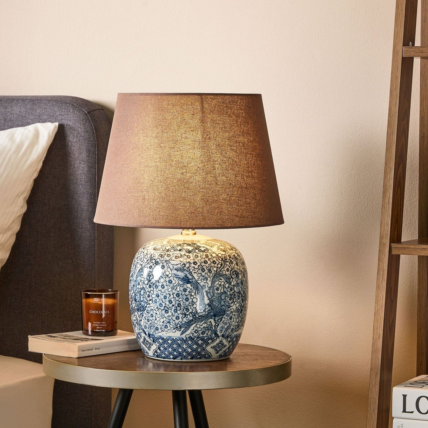 Bluehaven Blue White Porcelain Bedside Lamp With Brown Linen 53cm