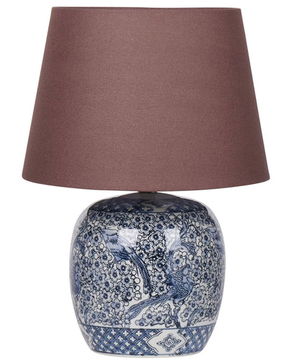 Bluehaven Blue White Porcelain Bedside Lamp With Brown Linen 53cm