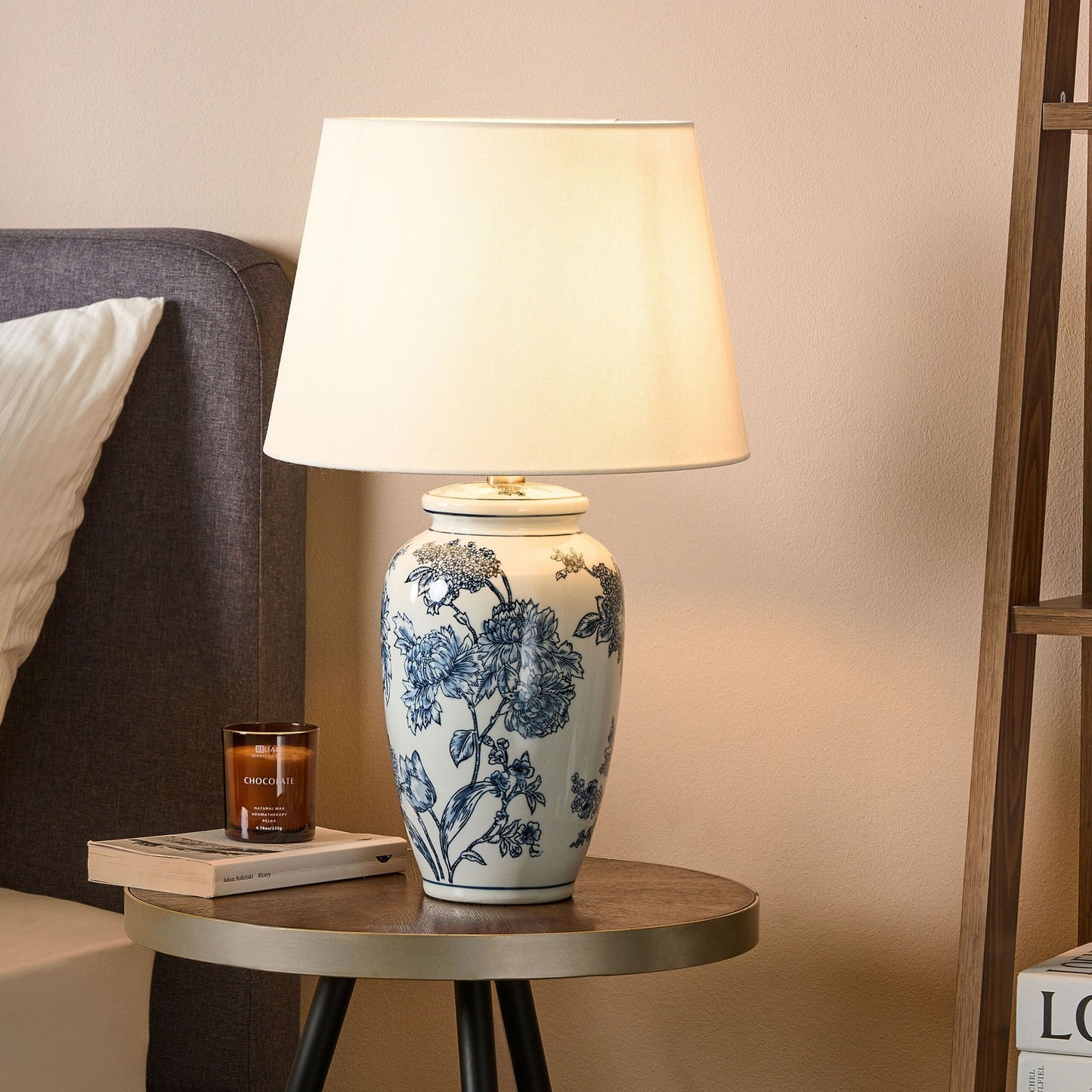 Porcelain Table Lamp Linen Shade Drum 54cm White Blue