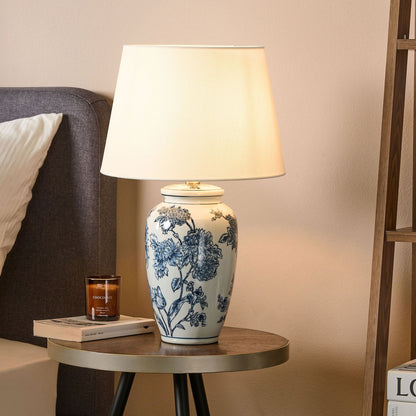 Porcelain Table Lamp Linen Shade Drum 54cm White Blue