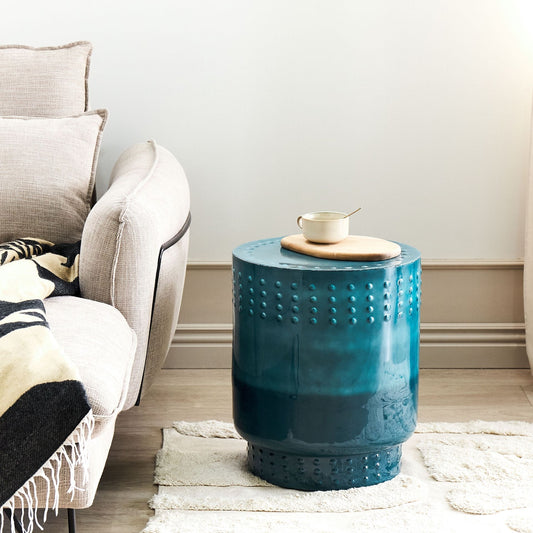 Blue Iron Side Table 41cm Geometric Accent End Table With Glossy Blue Enamel Finish
