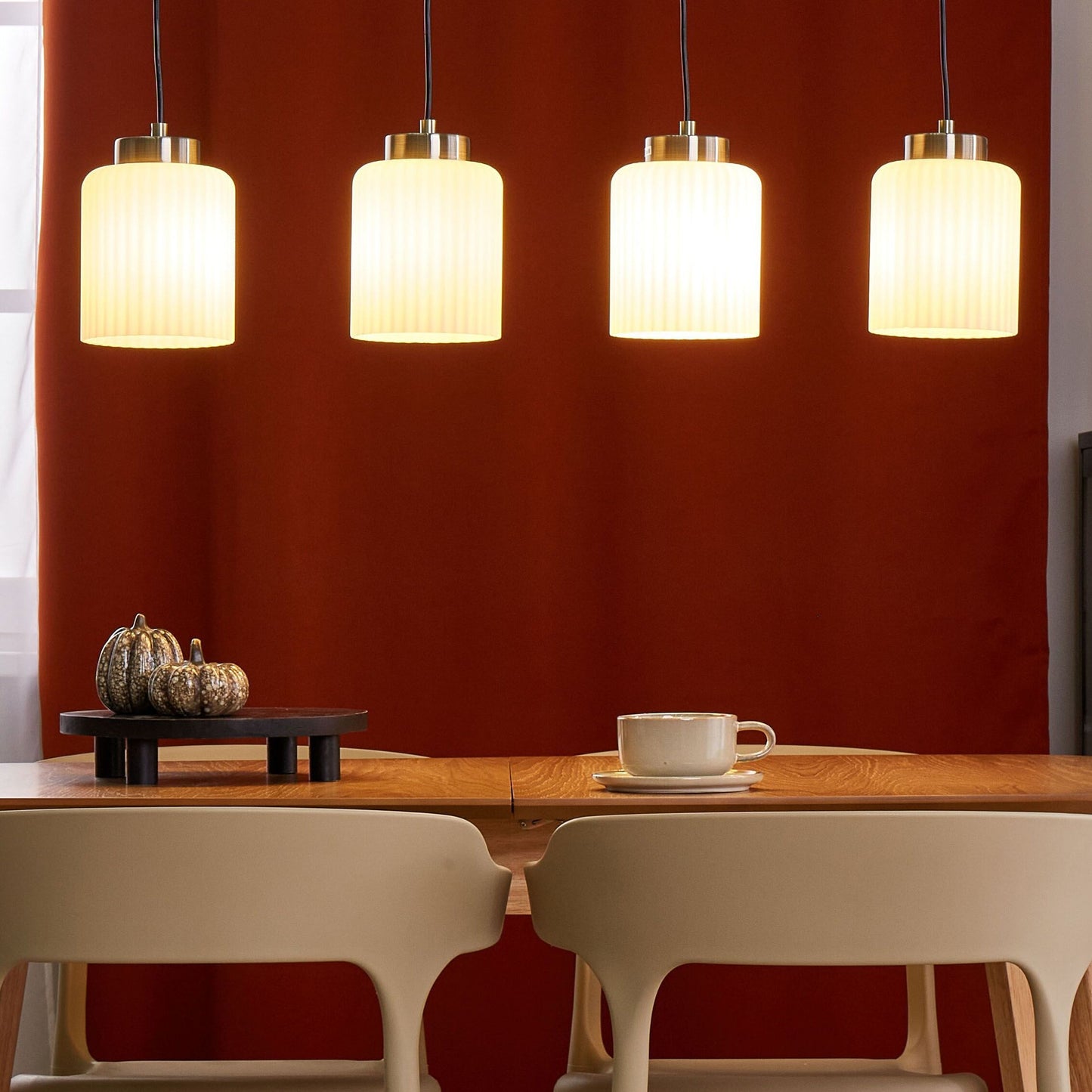 Industrial Pendant Lamp Black And Brass With Four White Glass Shades For Living Rooms