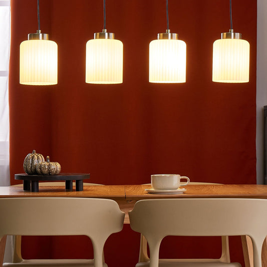 Industrial Pendant Lamp Black And Brass With Four White Glass Shades For Living Rooms