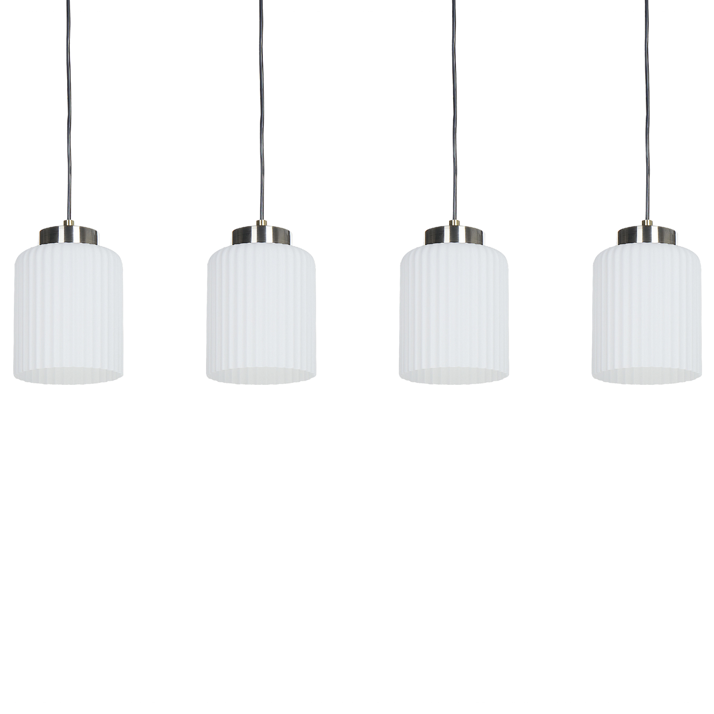 Industrial Pendant Lamp Black And Brass With Four White Glass Shades For Living Rooms