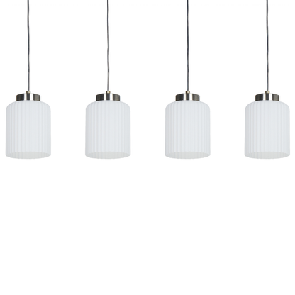 Industrial Pendant Lamp Black And Brass With Four White Glass Shades For Living Rooms