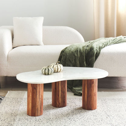Marble Top Coffee Table With Acacia Wood Legs Oval 90 x 45cm