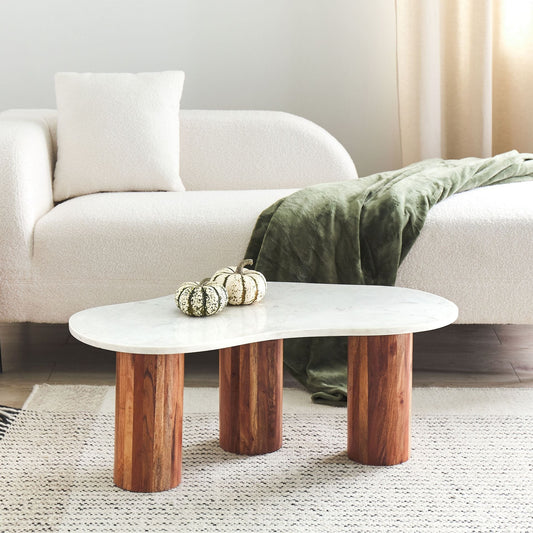 Marble Top Coffee Table With Acacia Wood Legs Oval 90 x 45cm