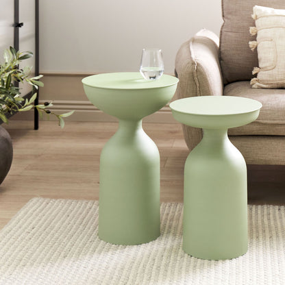 Set Of 2 Light Green Iron Round Top Side Tables