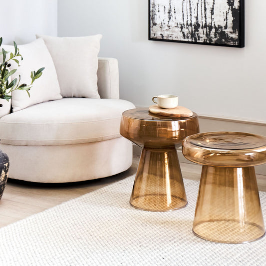 Set Of 2 Transparent Golden Brown Glass Side End Tables 37 x 37 x 43cm And 39 x 39 x 40cm Oval Modern Living Room