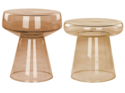 Set Of 2 Transparent Golden Brown Glass Side End Tables 37 x 37 x 43cm And 39 x 39 x 40cm Oval Modern Living Room