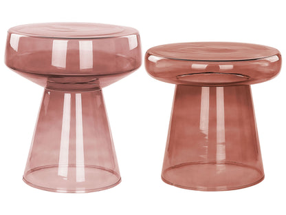 Home Set Of 2 Red Transparent Glass Side End Tables Round Designer 37 x 37 x 43cm And 39 x 39 x 40cm