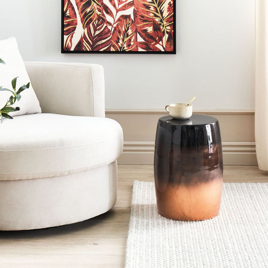 Accent Side Table Black And Golden Brown Iron Drum 28cm Round Top Modern For Living Room And Bedroom