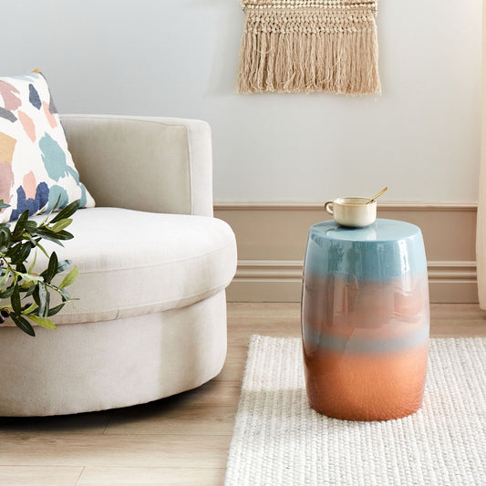 Accent Side Table Golden Brown And Blue Iron 28cm Round Drum