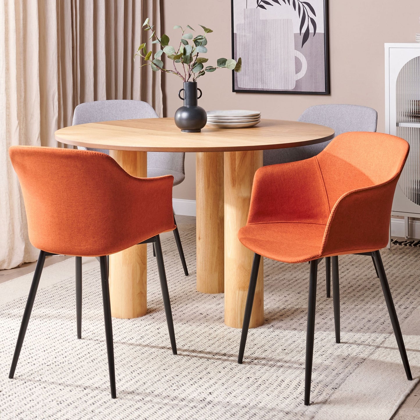 Set of 2 Dining Chairs Orange Upholstered Black Legs Retro
