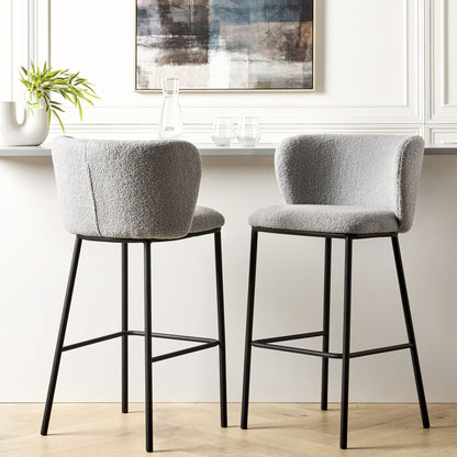 Set 2 Grey Boucle Bar Chairs with Black Metal Legs Armless Curved Backrest Modern Dining