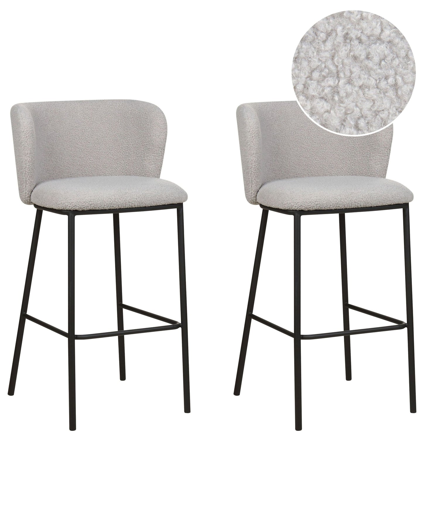 Set 2 Grey Boucle Bar Chairs with Black Metal Legs Armless Curved Backrest Modern Dining