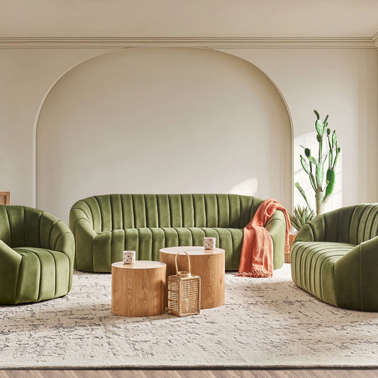 Six Seater Sofa Set Dark Green Velvet Tufted Low Back