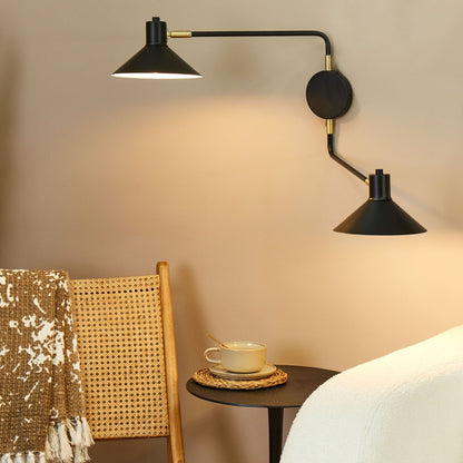 Wall Lamp Black Steel Two Lights Adjustable Drum Shades With Gold Elements Modern Industrial