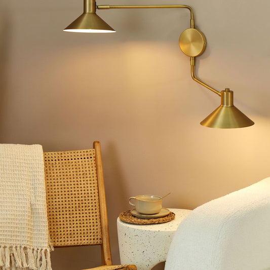 Wall Lamp Gold Steel 2 Lights Adjustable Drum Shades with Gold Elements Modern Industrial Living Room Bedroom