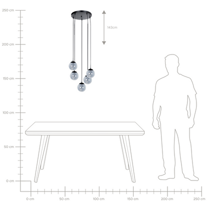 5 Light Pendant Lamp With Smoked Glass Shades Black Base