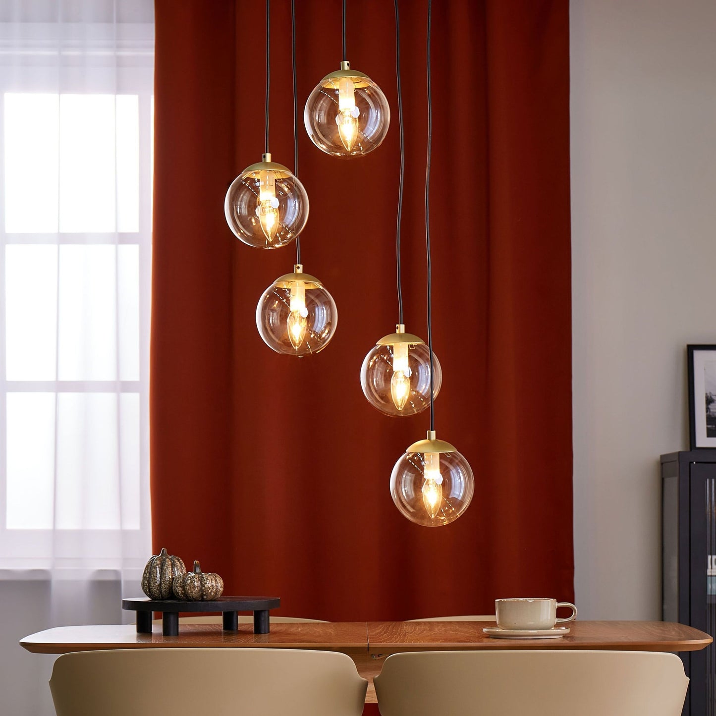 5 Light Pendant Lamp Gold Smoked Glass Black Base Modern
