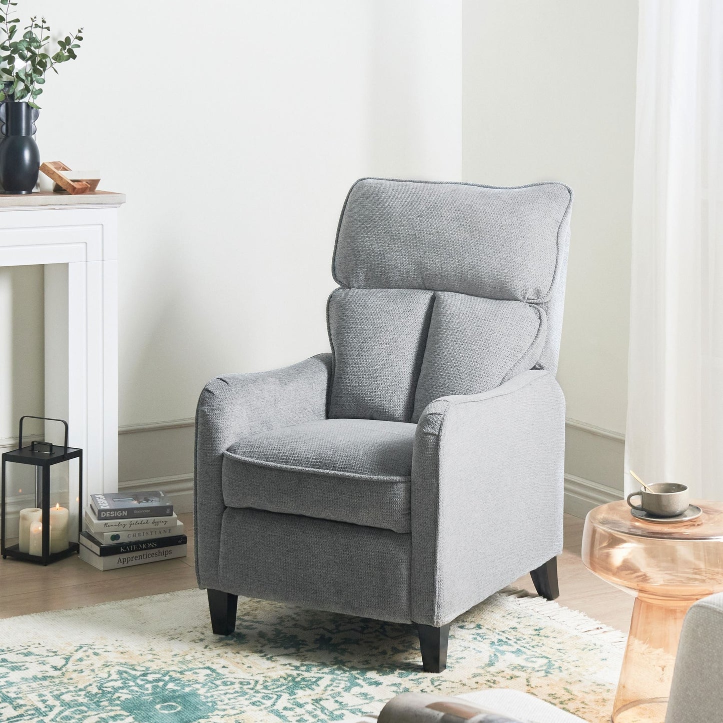 Heritage Living Reclining Armchair Grey Fabric With Adjustable Back And Footstool High Back Vintage Style