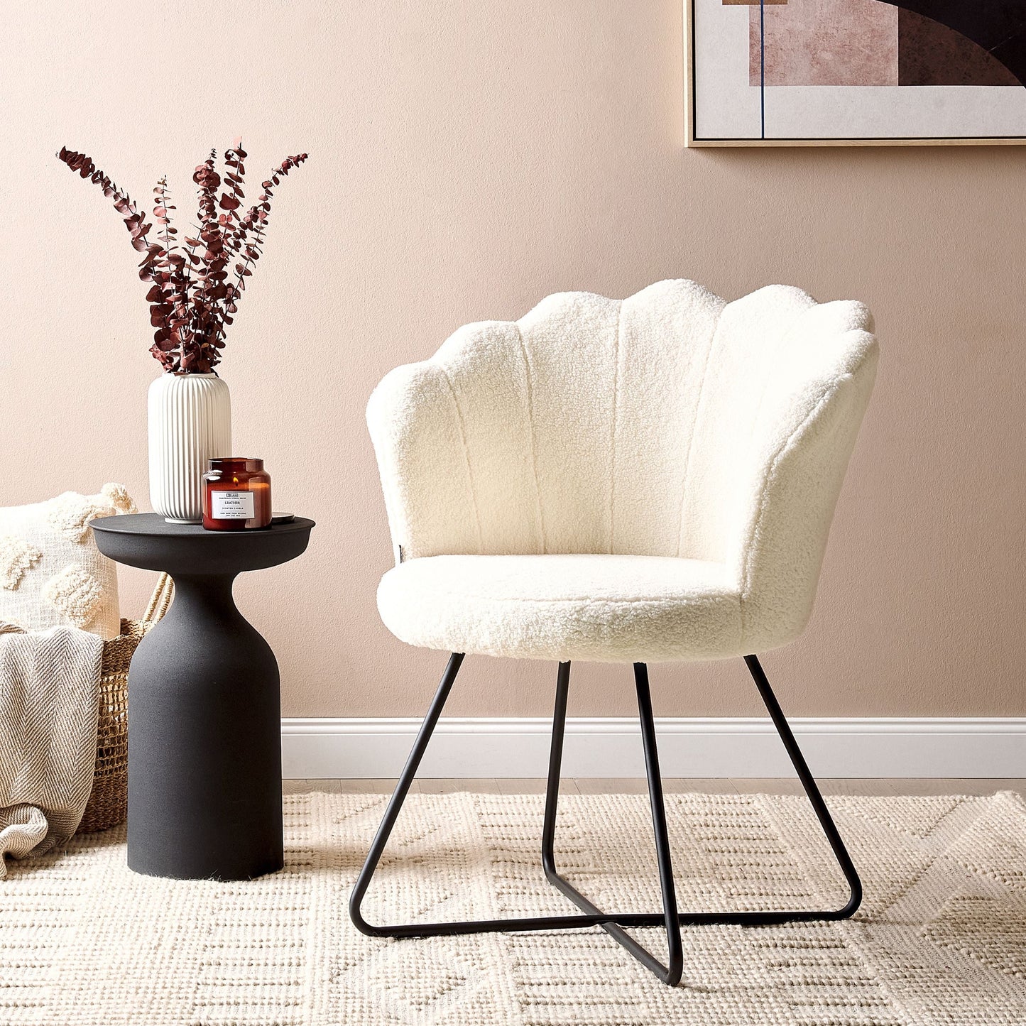 X Armless Boucl? Shell Chair White With Black Metal Frame