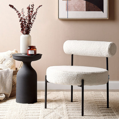 Armless Accent Chair White Boucle Round Seat Black Metal