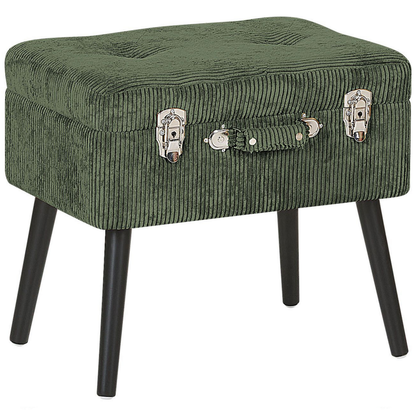 Dark Green Corduroy Storage Stool With Classic Suitcase Design And Buttoned Top