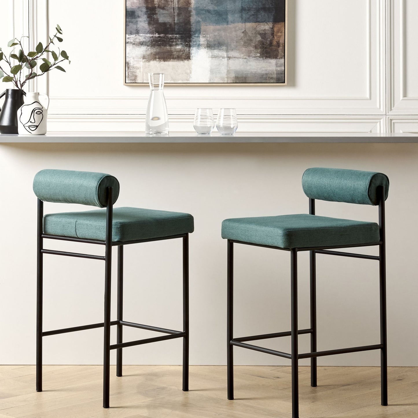 Teal Bar Chair Set Of 2 With Roll Backrest