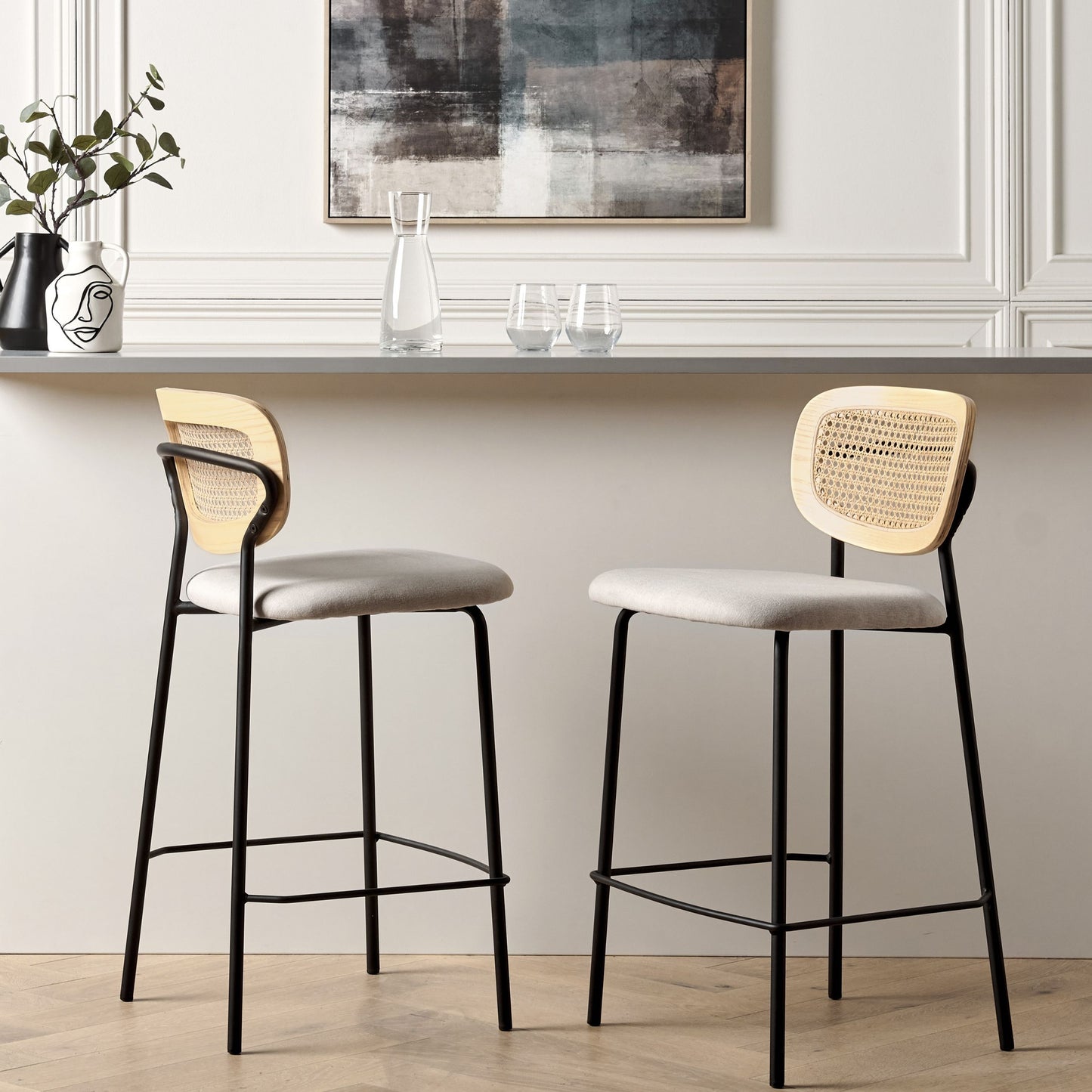 Set of 2 Bar Chairs Light Beige Polyester Upholstery Rattan Viennese Braid Back Armless Stools Black Metal Legs