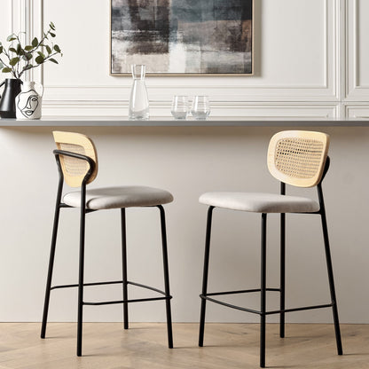 Set of 2 Bar Chairs Light Beige Polyester Upholstery Rattan Viennese Braid Back Armless Stools Black Metal Legs