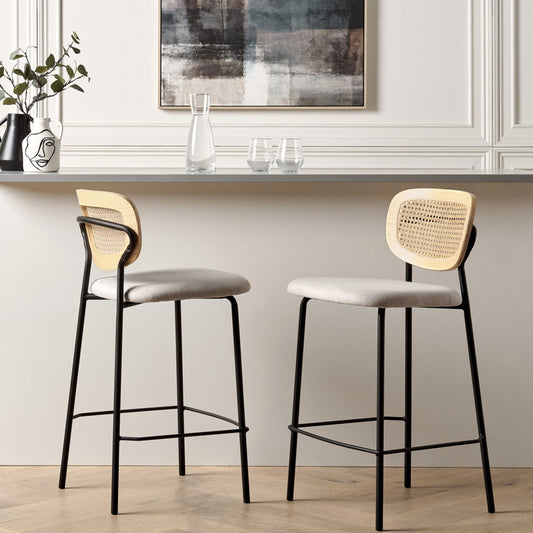 Set of 2 Bar Chairs Light Beige Polyester Upholstery Rattan Viennese Braid Back Armless Stools Black Metal Legs