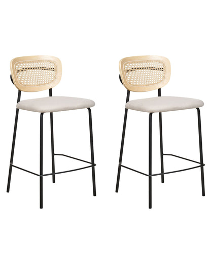 Set of 2 Bar Chairs Light Beige Polyester Upholstery Rattan Viennese Braid Back Armless Stools Black Metal Legs