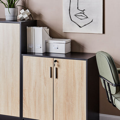 Storage Cabinet Light Brown and Black Particle Board Locker With 2 Doors And 2 Shelves