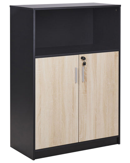 Storage Cabinet Light Brown Black Particle Board Key Locked 2 Door