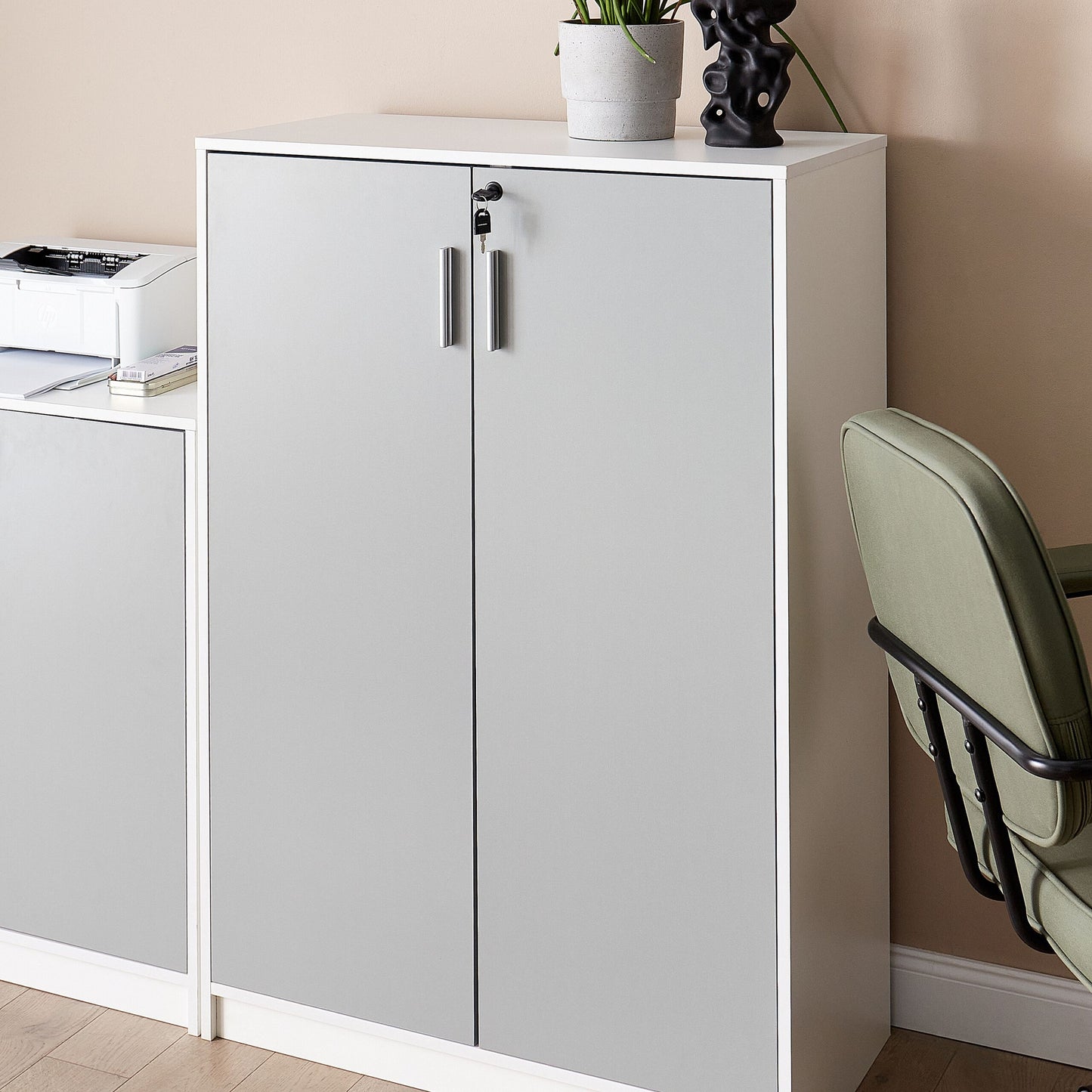 Locking 2-Door Storage Cabinet Light Grey White