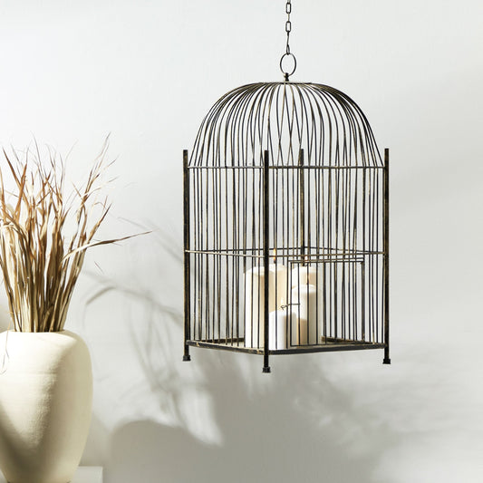 Distressed Gold Metal Lantern Cage Hanging Decor Vintage Weathered Finish
