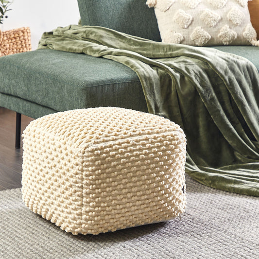 Pouf Ottoman Light Beige 50 x 50 x 35cm Handwoven Beads