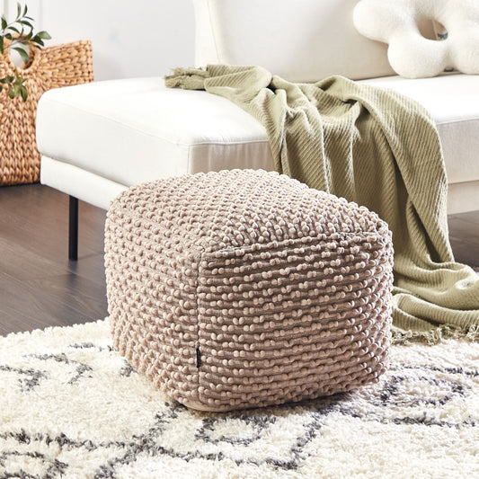 Pouf Ottoman Footstool Taupe 50 x 50cm Handwoven Cotton